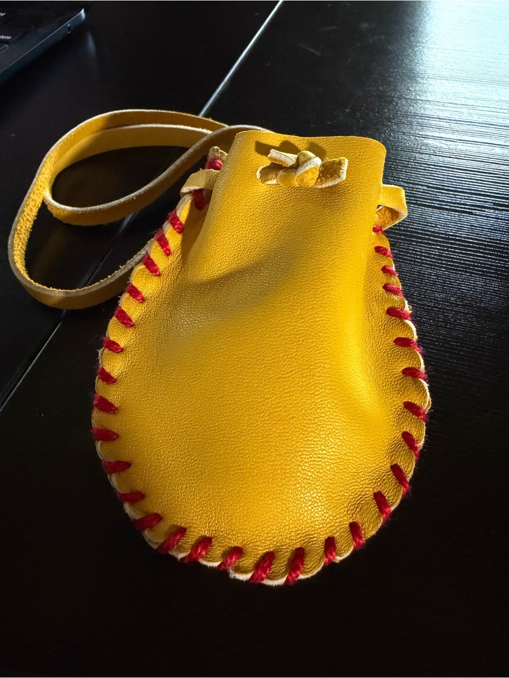 Yellow Leather Drawstring Pouch - Picture 2 of 4